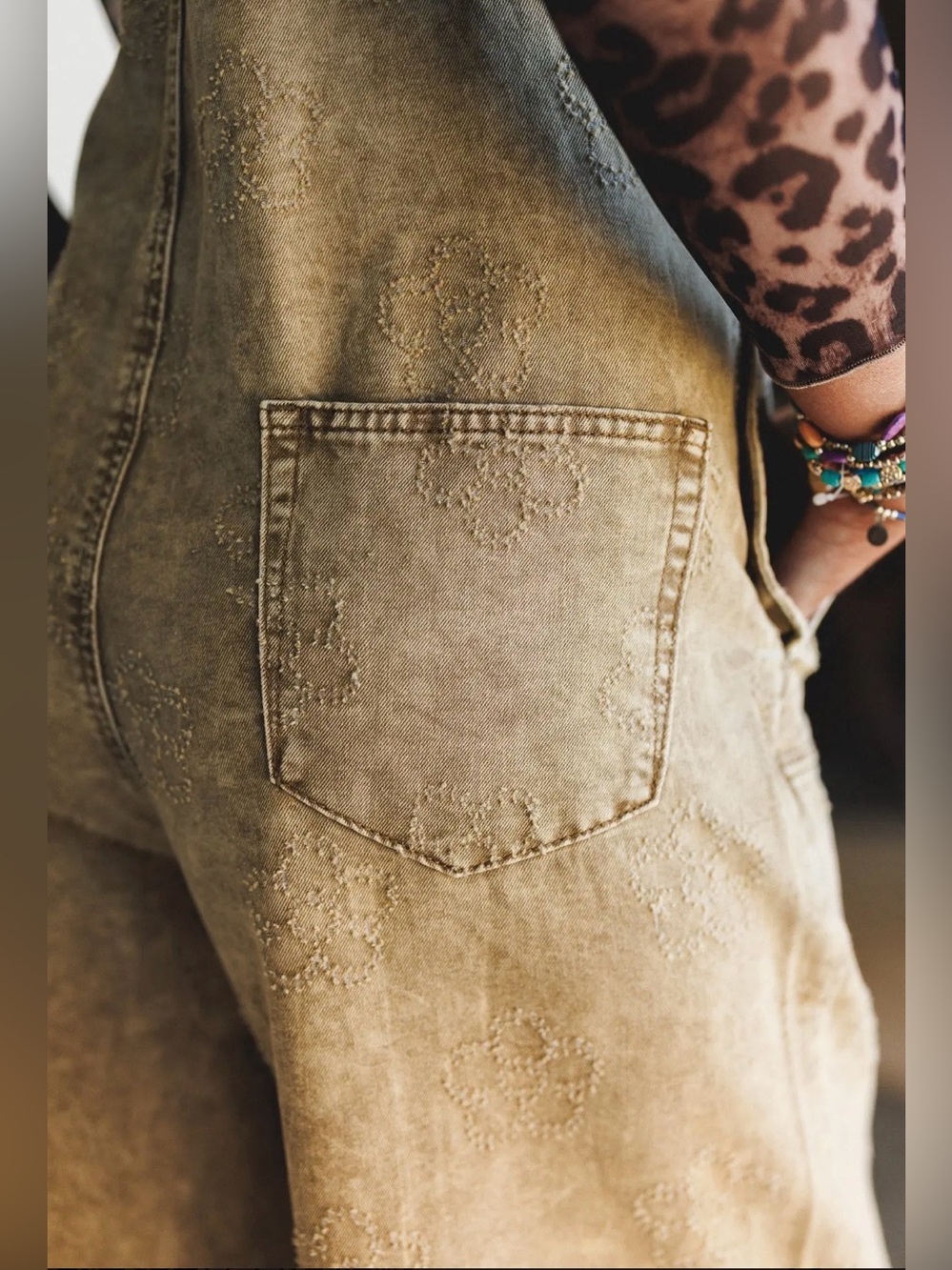 Easel Embroidered Floral Denim Overalls - Picture 2 of 8